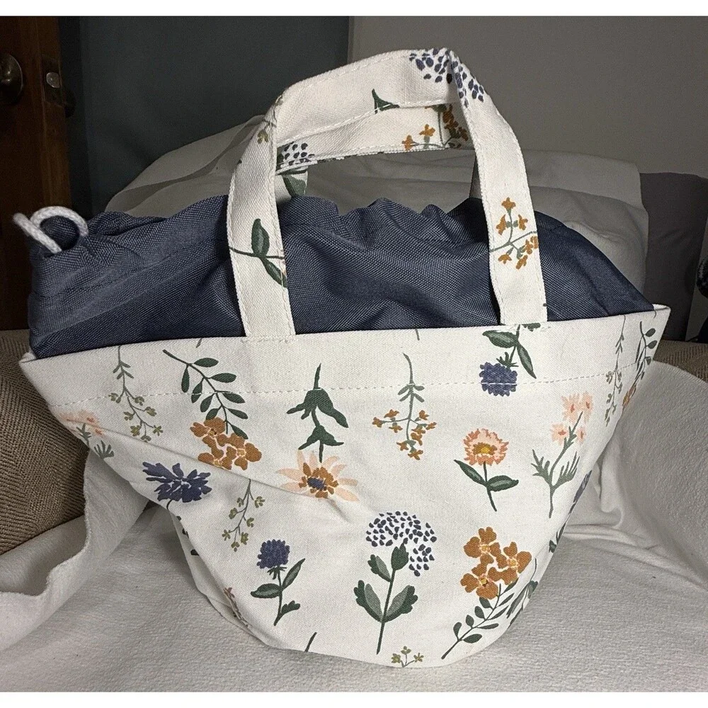 Floral Canvas Drawstring Storage Basket Bin w/ Handles 12x10x9 in, Set of 2